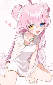 1girl :d ahoge alternate_costume alternate_hairstyle arm_support steamed_bun blue_archive bracelet china_dress chinese_clothes cleavage_cutout clothing_cutout commentary_request double_bun dress fang food hair_between_eyes hair_bun hair_ornament hair_scrunchie halo heart heterochromia highres holding holding_food hoshino_(blue_archive) hoshino_(flowery_charms)_(blue_archive) jewelry leaning_forward long_hair looking_at_viewer open_mouth pineap000 pink_hair scrunchie short_sleeves sidelocks simple_background sitting smile solo wariza white_background white_dress wrist_scrunchie