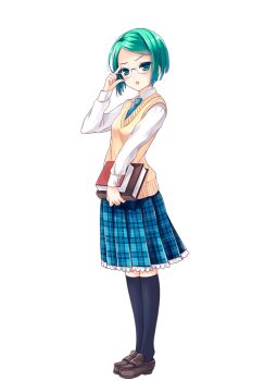 1girl black_socks blue_necktie blue_skirt book brown_shoes cardigan full_body girlfriend_(kari) glasses green_eyes green_hair holding holding_book loafers looking_at_viewer necktie official_art plaid_clothes plaid_skirt pleated_skirt qp:flapper school_uniform shirt shoes simple_background skirt socks solo toyama_misuzu transparent_background white_shirt yellow_cardigan