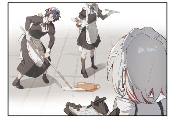 1girl 2boys alternate_costume anger_vein apron aventurine_(honkai:_star_rail) blonde_hair cleaning colored_inner_hair commentary_request cup dr._ratio_(honkai:_star_rail) enmaided highres holding holding_mop holding_notepad honkai:_star_rail honkai_(series) maid maid_apron maid_headdress mop multicolored_hair multiple_boys nanyi46293 notepad pen purple_hair red_hair short_hair teacup topaz_(honkai:_star_rail) tray white_hair writing