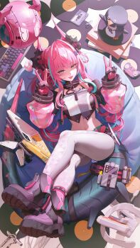 Rule 34 | 2girls, absurdres, animal costume, arknights, arknights: endfield, bean bag chair, blue hair, blush, boots, cassette tape, chinese commentary, commentary request, computer keyboard, controller, double v, endministrator (arknights), female endministrator (arknights), game controller, gloves, hair intakes, highres, horns, looking at viewer, midriff, multicolored gloves, multicolored hair, multiple girls, navel, pants, penguin costume, pink hair, shangguan wanyu, solo, solo focus, streaked hair, tail, tata (arknights), tight clothes, tight pants, two-sided gloves, two-tone gloves, two-tone hair, v, vinyl record, white pants, yvonne (arknights)