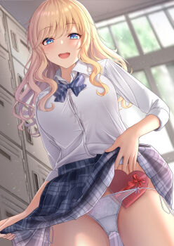 1girl :d blonde_hair blue_eyes blue_skirt bow bowtie box breasts button_gap clothes_lift collared_shirt cowboy_shot heart-shaped_box highres idolmaster idolmaster_cinderella_girls lifting_own_clothes long_hair long_sleeves looking_at_viewer medium_breasts monaka_curl object_in_clothes object_in_panties ohtsuki_yui open_mouth panties plaid_clothes plaid_skirt pleated_skirt school_uniform see-through_clothes see-through_panties shirt side-tie_panties skirt skirt_lift smile solo string_panties thighs underwear valentine wavy_hair white_panties white_shirt