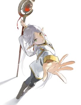 1girl 3367e absurdres black_pantyhose boots chinese_commentary closed_mouth commentary_request dress earrings elf expressionless foreshortening frieren full_body green_eyes grey_hair head_tilt highres holding holding_staff jewelry long_hair long_sleeves looking_at_viewer mage_staff outstretched_arm outstretched_arms pantyhose photo-referenced pointy_ears reaching reaching_towards_viewer simple_background solo sousou_no_frieren spread_arms staff twintails white_background white_dress