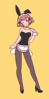 1girl ;) absurdres alternate_costume animal_ear_hairband animal_ears apron black_leotard black_pantyhose black_shoes breasts brown_eyes brown_hair collarbone commentary fake_animal_ears fishnet_pantyhose fishnets frilled_apron frills full_body hairband high_heels highres irielewd kawaii_kaiwai leotard looking_at_viewer maid_apron maid_headdress one_eye_closed pantyhose playboy_bunny rabbit_ear_hairband rabbit_ears senki_zesshou_symphogear shoes short_hair smile solo strapless strapless_leotard tachibana_hibiki_(symphogear) waist_apron white_apron white_wrist_cuffs wrist_cuffs yellow_background