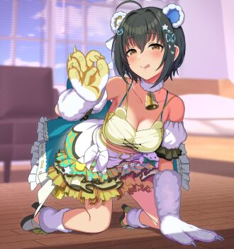 1girl absurdres ahoge animal_ears animal_hands bear_ears bell black_hair blush bow breasts brown_eyes commentary fellatio_gesture full_body fur-trimmed_collar fur_trim gloves highres idolmaster idolmaster_cinderella_girls kneeling kohinata_miho natsuya_(natuya777) neck_bell official_alternate_costume paw_gloves ribbon-trimmed_skirt ribbon_trim short_hair sidelocks solo tongue tongue_out white_bow