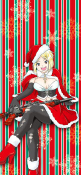 Rule 34 | 1girl, absurdres, anonymous (japanese), assault rifle, black gloves, black pantyhose, blonde hair, bodice, boots, breasts, brown eyes, capelet, crop top, cross pendant, crossed legs, elbow gloves, fur-trimmed boots, fur-trimmed capelet, fur-trimmed skirt, fur trim, gloves, gun, hat, high heels, highres, holding, holding gun, holding weapon, japanon, large breasts, looking at viewer, m4 carbine, marichka, midriff, miniskirt, navel, non-web source, original, pantyhose, red boots, red capelet, rifle, russo-ukrainian war, santa hat, scope, skirt, sniper rifle, stomach, swastika, swastika tattoo, tattoo, teeth, thick thighs, thighs, tongue, torn clothes, torn pantyhose, weapon