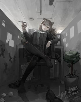 1girl absurdres animal_ears arknights black_pantyhose black_skirt breasts brown_hair commentary computer computer_tower crossed_legs cubicle english_commentary hair_between_eyes highres holding holding_pen indoors long_hair long_sleeves looking_at_viewer no_freckles pantyhose pen plant ponytail potted_plant raccoon_ears raccoon_girl raccoon_tail robin_(arknights) shirt shoes sitting skirt solo tail trash_can unworn_shoes vertutame yellow_eyes