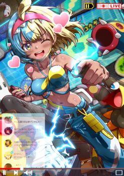 1girl ;d belt black_belt blue_eyes blush breasts canari_(pokemon) chat_log collarbone commentary_request eelektross electricity gen_5_pokemon gen_6_pokemon hairband happy heart heliolisk highres holding livestream multicolored_hair navel nintendo nintendo_switch_2 one_eye_closed open_mouth pants pink_hairband pokemon pokemon_(creature) pokemon_legends:_z-a rorretsim shoes smile teeth two-tone_hair tynamo upper_teeth_only white_shoes