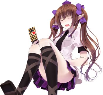 Rule 34 | 1girl, black necktie, black socks, breasts, brown hair, cellphone, checkered clothes, checkered skirt, closed eyes, collared shirt, commentary request, convenient leg, crote, fingernails, flip phone, foot out of frame, geta, hair ornament, hair ribbon, hand on own leg, hat, heart, highres, himekaidou hatate, holding, holding phone, kneehighs, large variant set, long hair, miniskirt, necktie, open mouth, phone, pointy ears, puffy short sleeves, puffy sleeves, ribbon, sandals, shirt, short sleeves, skirt, socks, solo, tachi-e, teeth, tokin hat, touhou, transparent background, twintails, upper teeth only, v-shaped eyebrows, variant set, white shirt