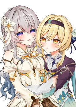 2girls absurdres aqua_skirt black_hairband black_jacket blonde_hair breasts commentary_request cosplay costume_switch cowboy_shot detached_sleeves dress firefly_(honkai:_star_rail) firefly_(honkai:_star_rail)_(cosplay) flower genshin_impact gradient_hair grey_hair hair_flower hair_ornament hairband highres honkai:_star_rail honkai_(series) hug jacket long_hair long_sleeves looking_at_viewer lumine_(as_heaven_and_earth_are_made_anew)_(genshin_impact) lumine_(genshin_impact) lumine_(genshin_impact)_(cosplay) medium_breasts mihoyo multicolored_hair multiple_girls name_connection neckerchief official_alternate_costume open_mouth orange_neckerchief purple_eyes shirt short_hair_with_long_locks simple_background skirt str_sawa white_background white_dress white_shirt yellow_eyes