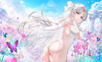 1girl absurdres ahoge akusamu alternate_costume ass bare_shoulders blue_butterfly blue_eyes blue_sky bow bra breasts bug butterfly carlotta_(wuthering_waves) chinese_commentary closed_mouth commentary day earrings elbow_gloves english_commentary garter_belt gloves grey_hair hair_bow highres insect jewelry large_breasts leaning_forward long_hair looking_at_viewer looking_back mixed-language_commentary outdoors parted_bangs purple_butterfly sky smile solo thighs twisted_torso underwear white_bow white_bra white_garter_belt white_gloves wuthering_waves