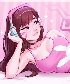 1girl bare_arms black_choker breasts brown_eyes brown_hair choker cleavage commentary_request d.va_(overwatch) facial_mark headphones highres konomidraws large_breasts long_hair looking_to_the_side lying on_side overwatch parted_lips pink_background pink_tank_top solo sparkle sparkling_eyes straight_hair swept_bangs tank_top upper_body