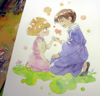1boy 1girl agahari akazukin_chacha black_hair black_pants blonde_hair blue_robe bow closed_eyes commentary_request flower from_side grass hairstyle_request hand_on_own_thigh heart holding_hands japanese_clothes kneeling looking_at_another open_mouth orin_(akazukin_chacha) painting_(medium) pants photo_(medium) pink_pants pink_shirt puffy_pants red_eyes robe sandals seiza shiine_(akazukin_chacha) shirt short_hair sitting sleeveless sleeveless_shirt smile traditional_media wide_sleeves yellow_bow