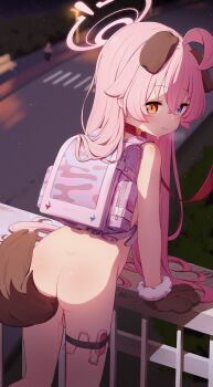 1girl absurdres against_railing ahoge anal anal_object_insertion anal_tail animal_ears animal_hands ass backpack bag bare_shoulders bdsm blue_archive blue_eyes blurry blurry_background blush breath brown_gloves butt_plug collar controller crossed_bangs dog_ears dog_girl dog_tail exhibitionism fake_tail female_focus from_behind fur-trimmed_gloves fur_trim gloves grin hair_between_eyes halo happy heterochromia highres hoshino_(blue_archive) huge_filesize leaning_forward leash loli long_hair looking_at_viewer looking_back nude object_insertion outdoors paw_gloves pet_play pink_hair public_indecency pussy_juice railing randoseru remote_control remote_control_vibrator road setmen sex_toy sidelocks slave smile solo standing sweat tail teeth textless_version thigh_strap vaginal vaginal_object_insertion vibrator vibrator_cord yellow_eyes