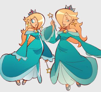 aqua_dress blonde_hair blue_hair dress earrings hair_over_one_eye half-closed_eyes jewelry long_hair mario_(series) nintendo off-shoulder_dress off_shoulder rosalina star_(symbol) star_earrings tuckeryart wand wide_sleeves
