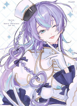 1boy :3 ;p absurdres blue_hair blue_shirt braid commentary commentary_request cropped_jacket english_commentary gloves gold_trim green_eyes hat head_tilt heart heart-shaped_hair highres hoshirube_sho jacket kumotsu_(9mo2) long_hair looking_at_viewer male_focus multicolored_hair nijisanji one_eye_closed purple_hair shirt solo sparkle star_(symbol) streaked_hair tongue tongue_out upper_body virtual_youtuber white_background white_gloves white_hat white_jacket