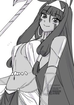 Rule 34 | 1girl, breasts, chain, commentary, covered erect nipples, earrings, facial mark, fate/grand order, fate (series), from below, greyscale, highres, hoop earrings, jewelry, long hair, looking at viewer, monochrome, mu (kbuthmdk), navel, nitocris (fate), sidelocks, smile, solo