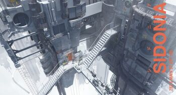 1girl air_conditioner black_thighhighs blue_dress blurry blurry_background cable character_request door dress english_text fence highres industrial_pipe off-shoulder_dress off_shoulder plant red_hair scenery science_fiction short_hair sidonia_no_kishi solo stairs thighhighs ventilation_fan ventilation_shaft ventilator walkway ya_yan