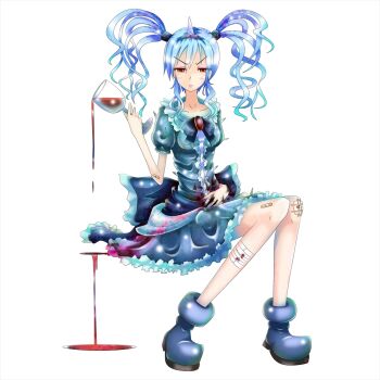 1girl alcohol bandaged_leg bandages bandaid bandaid_on_arm bandaid_on_leg blood blue_hair breasts cup dress drinking_glass gen_1_pokemon grey_shoes hand_on_own_stomach horns invisible_chair looking_at_viewer maedathesuper nidorina nintendo personification pokemon puffy_short_sleeves puffy_sleeves red_eyes shoes short_sleeves single_horn sitting small_breasts solo spilling twintails white_background wine_glass