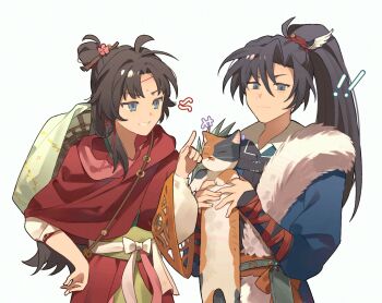 Rule 34 | !, !!, +++, 1boy, 1girl, animal, black hair, blue eyes, calico (pattern), calico cat, cat, cheng heguang, chinese clothes, chinese commentary, commentary request, hair branch, hair bun, hand up, hanfu, hat on back, holding, holding animal, holding cat, index finger raised, long hair, longcat (meme), looking at another, meme, paper heron, ponytail, red hanfu, reverse:1999, teeth, upper body, wavs, weimao, youluo