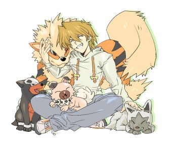 Rule 34 | 1boy, arcanine, black fur, blonde hair, blue pants, body fur, brown fur, closed eyes, commentary, crossover, dog, english commentary, gen 1 pokemon, gen 2 pokemon, gen 3 pokemon, gen 7 pokemon, grey fur, hood, hoodie, houndour, jonouchi katsuya, nintendo, orange fur, pants, petting, pokemon, pokemon (creature), poochyena, rime15835042, rockruff, short hair, simple background, white background, white hoodie, yu-gi-oh!, yu-gi-oh! duel monsters