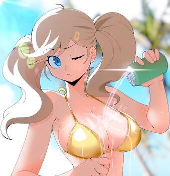 1girl ;< absurdres bare_shoulders beach bikini blonde_hair blue_eyes blurry blurry_background breasts can cleavage commentary depth_of_field gjh gold_bikini golden_week hair_ornament hairclip highres holding holding_can large_breasts lens_flare long_hair looking_at_viewer one_eye_closed outdoors persona persona_5 pouring pouring_onto_self satin_bikini shiny_swimsuit solo spilling string_bikini sunlight swimsuit takamaki_ann triangle_bikini_top twintails untranslatable_commentary yellow_bikini