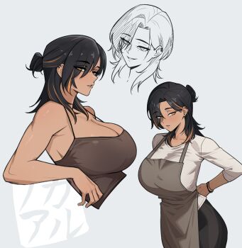 Rule 34 | 1girl, absurdres, apron, bare shoulders, black hair, black pants, bracelet, breasts, brown camisole, camisole, cleavage, dark-skinned female, dark skin, hair bun, hair over one eye, hair pulled back, half updo, highres, hotaru (nokaa aru), jewelry, large breasts, looking to the side, multicolored hair, multiple views, nokaa aru, orange eyes, orange hair, orange streaks, original, pants, shirt, simple background, smile, streaked hair, tying apron, white background, white shirt