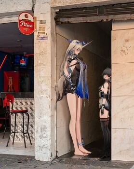 2girls 3d absurdres alley anklet artist_request bare_shoulders barefoot black_eyes black_gloves black_hair blonde_hair blue_eyes blush breasts commentary d: dress earrings english_commentary female_rover_(wuthering_waves) fleurdelys_(wuthering_waves) gloves going_to_colombia_for_the_food_and_culture_(meme) height_difference highres horns jewelry large_breasts long_hair looking_at_another medium_breasts meme multiple_girls open_mouth outdoors photo_background pilsen_callao pointy_ears rover_(wuthering_waves) single_horn standing tall_female tongue tongue_out very_long_hair wuthering_waves yuri
