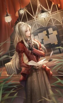 1girl artist_request ascot bib_collar black-framed_eyewear black_collar black_gloves black_skirt blonde_hair book brooch brown_eyes bulletin_board closed_mouth collar cowboy_shot cross-laced_clothes cross-laced_top curtains dutch_angle eyelashes frilled_collar frilled_shirt frilled_sleeves frills game_cg glint gloves grey_ascot happy high_ponytail highres holding holding_baton holding_book indoors inkwell jewelry juliet_sleeves light_particles lipstick long_hair long_skirt long_sleeves looking_at_viewer makeup monocle nikki_(series) official_alternate_color official_art pink_lips plant pleated_skirt pointy_nose ponytail potted_plant puffy_sleeves quill red_shirt round_eyewear sheila&#039;s_discipline_(shining_nikki) shining_nikki shirt sidelocks skirt sleeves_past_wrists solo stage standing teacher very_long_hair zoey_(shining_nikki)