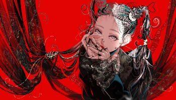 1girl absurdres asymmetrical_hair black_dress braid commentary dress english_commentary fishnet_gloves fishnets floral_print gloves highres hotake_fujimaru lace limited_palette lipstick long_hair looking_at_viewer makeup mole nail_polish original red_background