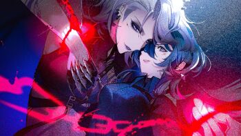 2girls arm_up bare_shoulders belt belt_buckle black_belt black_eyeshadow black_gloves black_shirt blood_on_cheek blue_background blue_hair blue_shirt buckle chain chest_belt chief_(path_to_nowhere) coat coat_on_shoulders collared_shirt commentary crop_top eyeshadow female_chief_(path_to_nowhere) film_grain gloves grey_coat hair_between_eyes hair_over_one_eye heads_together high_collar kong_tiao_bo_zi leaning_back lipstick looking_at_another makeup midriff multiple_girls nervous_smile pale_skin parted_lips path_to_nowhere pink_lips purple_lips shirt short_hair smile upper_body white_hair yuri zoya_(path_to_nowhere)