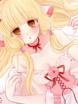 1girl blonde_hair blunt_bangs breasts brown_eyes chii chobits choker cleavage collarbone cross-laced_clothes cross-laced_dress derivative_work dress highres humanoid_robot looking_at_viewer low_twintails lying medium_breasts mipi_(u3u_00) no_pupils on_back parted_lips persocom pulling_own_clothes red_choker red_ribbon ribbon ribbon_choker robot robot_ears robot_girl shirt simple_background sleeveless sleeveless_dress solo strap_pull twintails upper_body white_dress white_shirt