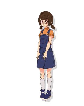 Rule 34 | 1girl, bag, blue dress, brown eyes, brown hair, closed mouth, dress, full body, glasses, highres, kneehighs, long hair, looking at viewer, low twintails, nanase chikage, official art, semi-rimless eyewear, shoes, short sleeves, smile, socks, solo, standing, transparent background, twintails, world dai star