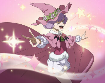 Rule 34 | 1girl, absurdres, black clover, black clover m: rise of the wizard king, blue eyes, bug, butterfly, cloak, dorothy unsworth, flower, fur trim, hat, hat flower, highres, insect, looking at viewer, non-web source, official art, one eye closed, open mouth, pink background, pink butterfly, pink cloak, pink flower, pink hat, pink shirt, puffy shorts, purple eyes, shirt, shorts, solo, sparkle, teeth, upper teeth only, v, white shorts, white sleeves, witch hat