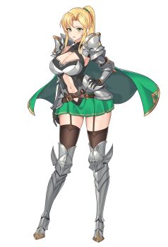 1girl armor armpits belt black_gloves blonde_hair boots breastplate breasts capelet cleavage clothing_cutout eyebrows_hidden_by_hair full_body game_cg garter_straps gawain_(lost_sword) gloves gold_trim greaves green_capelet green_eyes green_hairband green_skirt grey_armor hairband hand_on_own_hip high_heel_boots high_heels high_ponytail highres hip_armor large_breasts long_hair lost_sword:_tales_of_britania navel navel_cutout official_art parted_lips ponytail shoulder_armor skirt solo standing thighhighs third-party_source transparent_background zettai_ryouiki