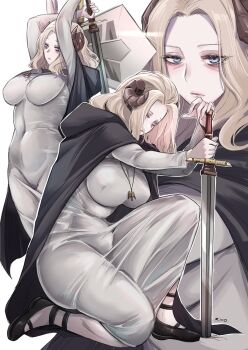 absurdres bags_under_eyes black_shoes blonde_hair blue_eyes breasts cape cloak commentary covered_navel demon demon_horns english_commentary full_body highres holding holding_sword holding_weapon hood hooded_cloak horns jewelry kivo large_breasts looking_at_viewer medium_hair multiple_views necklace pendant planted planted_sword planted_weapon sheep_horns shoes simple_background sleepy sousou_no_frieren sword sword_demon_hag_(sousou_no_frieren) tight_clothes tsurime wavy_hair weapon white_background