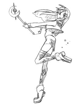 1girl commentary_request full_body greyscale hair_ornament hairclip highres holding holding_staff long_hair looking_at_viewer monochrome open_mouth pencil_skirt simple_background skirt solo sophia_esteed staff star_ocean star_ocean:_till_the_end_of_time thighhighs white_background yuiki_wakana