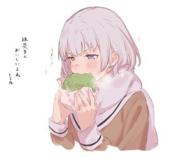 Rule 34 | 1girl, bang dream!, bang dream! it's mygo!!!!!, blue eyes, blush, brown shirt, commentary, enpera, hanasakigawa school uniform, heterochromia, highres, kanade (kanade 3344), kaname raana, matcha (food), sailor collar, scarf, school uniform, shirt, simple background, solo, sparkle, translation request, upper body, white background, white sailor collar, white scarf, yellow eyes