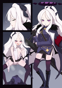 1girl absurdres blue_archive blush boots breasts clothes_lift female_masturbation formal_clothes functionally_nude halo highres hina_(blue_archive) horns jacket koko_x_0 loli long_hair looking_at_viewer masturbation open_clothes open_mouth panties_around_leg purple_eyes pussy_juice side_slit sidelocks simple_background skirt skirt_lift small_breasts solo standing thighhighs thighs white_hair