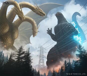 Rule 34 | blue sky, claws, cloud, cloudy sky, commentary, day, dinosaur, dragon, embers, fire, forest, forked tongue, glowing, glowing eyes, glowing spikes, glowing spines, godzilla, godzilla (series), godzilla vs. king ghidorah, horns, hydra, kaiju, king ghidorah, multiple heads, nature, no humans, official art, orange eyes, pine tree, power lines, sharp teeth, sky, smoke, spikes, suttoko, tail, teeth, toho, tongue, tongue out, transmission tower, tree, wings, yellow eyes