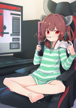 1girl barefoot brown_hair can chair controller drinking_straw eien_ni_game_de_taisen_shitai_kiritan_(voiceroid) full_body game_controller headgear headphones highres holding holding_can holding_controller holding_game_controller looking_at_viewer monitor open_mouth red_eyes sechin shirt shorts signature sitting solo sparkle teeth touhoku_kiritan voiceroid