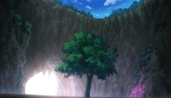 blue_sky cave cloud commentary dawn english_commentary glowing_crystal moss no_humans original painting_(medium) scenery shadow sky traditional_media tree yu02257951