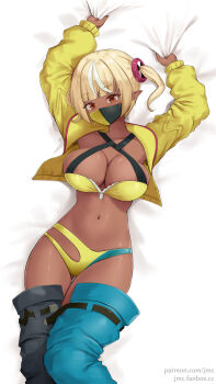 1girl artist_name bare_arms bed_sheet belt bikini black_pants blonde_hair blue_pants blunt_bangs blush breasts canari_(pokemon) canari_(pokemon)_(cosplay) cleavage clothes_pull collarbone cosplay criss-cross_halter cropped_jacket dark-skinned_female dark_skin from_above gluteal_fold halterneck highres hololive jacket jmc5221 large_breasts long_sleeves looking_at_viewer lying mask mouth_mask multicolored_hair navel nintendo on_back on_bed open_belt open_clothes open_fly open_jacket orange_eyes pants pants_pull pointy_ears pokemon pokemon_legends:_z-a sheet_grab shiranui_flare short_hair short_twintails solo streaked_hair swimsuit thigh_gap twintails two-tone_hair two-tone_pants unzipped watermark web_address white_hair yellow_bikini yellow_jacket zipper_pull_tab