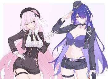 2girls absurdres acheron_(honkai:_star_rail) alternate_costume belt black_gloves black_hat black_jacket black_shorts border breasts buttons center_frills cleavage closed_mouth collared_shirt crop_top double-breasted earrings elysia_(honkai_impact) flower frills gloves hair_over_one_eye hand_on_own_hip hand_up hat hat_flower high-waist_shorts highres honkai:_star_rail honkai_(series) honkai_impact_3rd in-franchise_crossover jacket jewelry leg_tattoo long_hair long_sleeves looking_at_viewer medium_breasts multiple_girls navel one_eye_closed open_clothes open_jacket pink_background pink_flower pink_hair purple_eyes purple_hair salute samlatte shirt shirt_tucked_in shorts signature single_glove smile stomach tattoo thigh_belt thigh_strap thighs v very_long_hair white_border white_gloves white_shirt