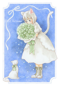 1girl animal_ears blue_eyes blush boots bouquet cat cat_ears cat_girl cat_tail chiori_n colored_pencil_(medium) commentary_request dress flower full_body grey_hair highres lace-up_boots looking_at_another original short_hair smile tail traditional_media