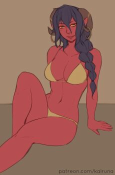 1girl bikini black_hair colored_skin horns kalruna original red_skin solo swimsuit tiefling yellow_bikini
