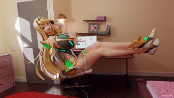 1girl 3d :o alternate_breast_size armor bed blonde_hair boots breasts chair computer door fingerless_gloves full_body gloves hand_on_own_face highres huge_breasts lamp legs_on_table minmax3d mythra_(xenoblade) open_mouth photo_(object) room sitting table xenoblade_chronicles_(series) xenoblade_chronicles_2 yellow_eyes