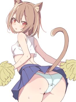 1girl animal_ear_fluff animal_ears ass bent_over blue_skirt blush breasts brown_hair butt_crack cat_ears cat_girl cat_tail cheerleader cowboy_shot crop_top dot_nose flat_ass from_behind hair_between_eyes highres holding holding_pom_poms looking_at_viewer looking_back median_furrow medium_hair miniskirt namor_(namorton09) open_mouth original panties pleated_skirt pom_pom_(cheerleading) pom_poms red_eyes shirt simple_background skirt sleeveless sleeveless_shirt small_breasts solo sweat tail underwear upskirt white_background white_panties white_shirt