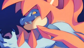 blue_skin claws colored_skin feraligatr gen_2_pokemon glowing glowing_eyes hclysword highres looking_at_viewer mega_feraligatr nintendo no_humans orange_eyes pokemon pokemon_(creature) pokemon_legends:_z-a solo upper_body