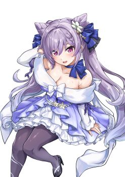 1girl absurdres arm_behind_head bare_shoulders black_pantyhose black_shoes bow braid breasts cleavage cone_hair_bun double_bun dress flower genshin_impact hair_bun hair_flower hair_ornament highres keqing_(genshin_impact) keqing_(resplendent_feast)_(genshin_impact) large_breasts long_hair looking_at_viewer nervous_smile official_alternate_costume open_mouth pantyhose purple_eyes purple_hair samoore shoes sitting smile solo sweat symbol-shaped_pupils transparent_background white_bow