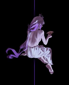 Rule 34 | 1girl, absurdres, aragiken, bare back, bare hips, bare shoulders, barefoot, bug, butterfly, butterfly hair ornament, butterfly sitting, castorice (honkai: star rail), flower, hair ornament, highres, honkai: star rail, honkai (series), insect, long hair, looking down, low-tied long hair, pants, purple flower, purple hair, purple ribbon, ribbon, sitting, very long hair, white pants